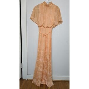 Vintage 70s Peach Floral Maxi Dress Flutter Sleeve Drapey Top Sz Small